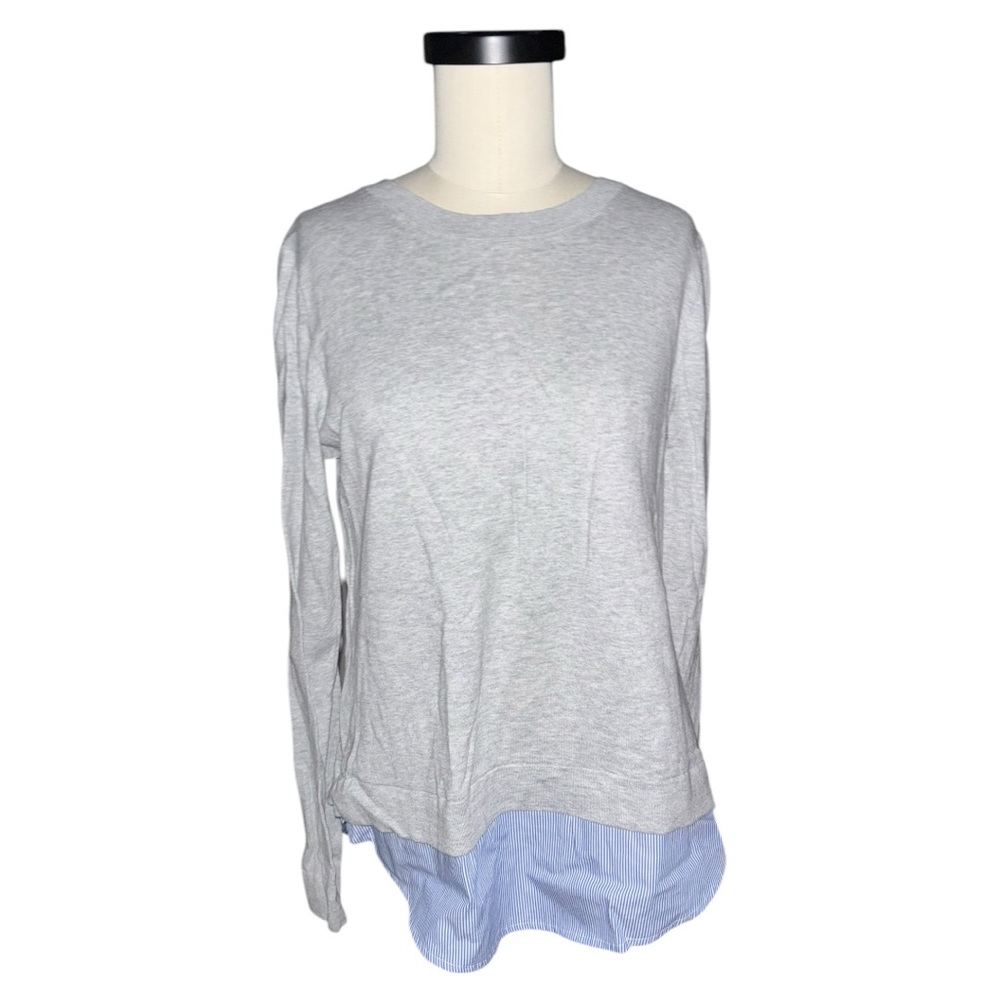 J. Crew Heather Gray with Blue & White Striped Mixed Media Hem Sweater